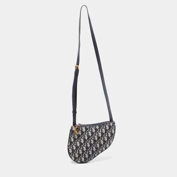 Pre Owned Dior Navy Blue Oblique Canvas Strap Saddle Pouch