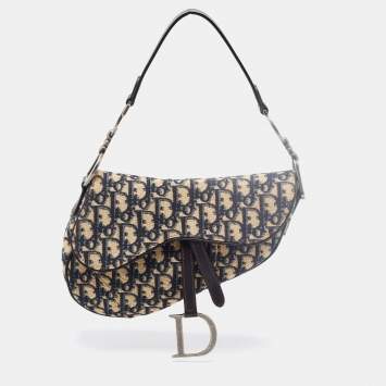 Pre Owned Dior Navy Blue Oblique Canvas and Leather Saddle Bag