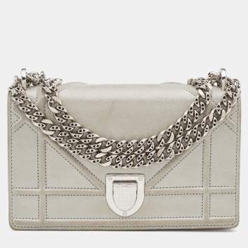 Pre Owned Dior Grey Shimmering Leather Mini Diorama Crossbody Bag