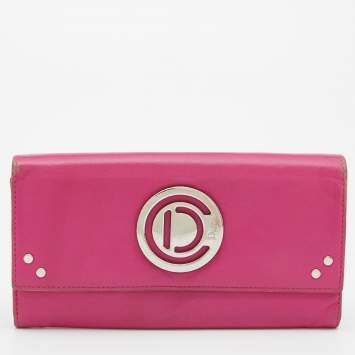 Pre Owned Dior Pink Leather Round Logo Flap Continental Wallet