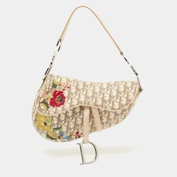 Pre Owned Dior Beige Oblique Canvas and Leather Floral Embroidered Saddle Bag