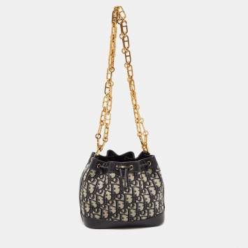 Pre Owned Dior Navy Blue Oblique Canvas and Leather Mini Bucket Bag