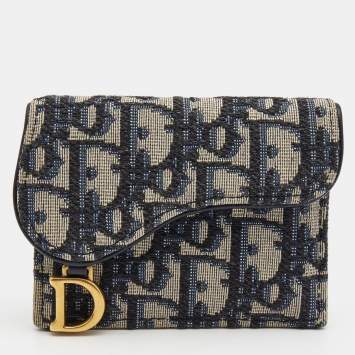 Pre Owned Dior Blue Oblique Jacquard Saddle 5 Gusset Card Holder