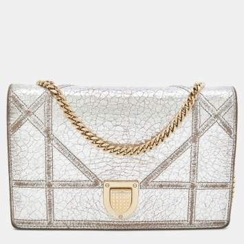 Pre Owned Dior Silver Crinkled Leather Diorama Wallet on Chain