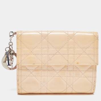 Pre Owned Dior Cream Cannage Patent Leather Lady Dior Flap Wallet