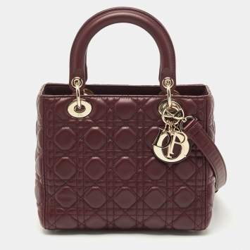 Pre Owned Dior Burgundy Cannage Leather Medium Lady Dior Tote