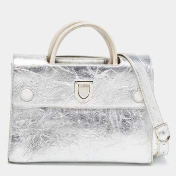 Pre Owned Dior Silver Laminated Leather Medium Diorever Bag