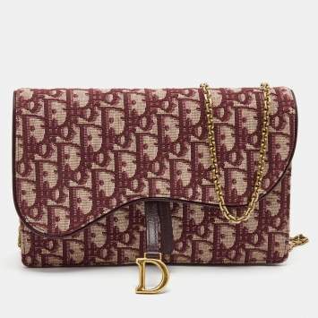 Pre Owned Dior Burgundy Oblique Canvas Saddle Wallet on Chain Bag