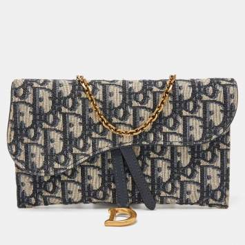 Pre Owned Dior Navy Blue Oblique Canvas and Leather Saddle Wallet On Chain
