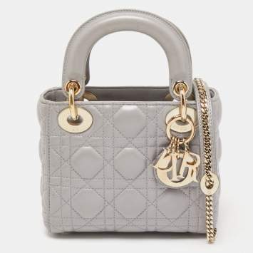 Pre Owned Dior Grey Shimmering Leather Mini Lady Dior Tote