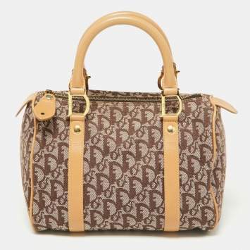 Pre Owned Dior Beige/Tan Oblique Canvas and Leather Small Trotter Boston Bag