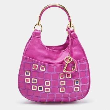 Pre Owned Dior Magenta Leather Jeweled Front Pocket Hobo