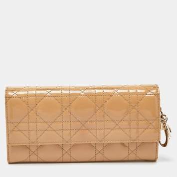 Pre Owned Dior Beige Cannage Patent Leather Lady Dior Wallet on Chain
