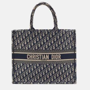 Pre Owned Dior Navy Blue Oblique Embroidered Canvas Large Book Tote