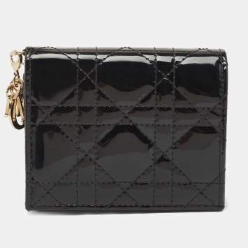 Pre Owned Dior Black Cannage Patent Leather Lady Dior Flap Card Holder