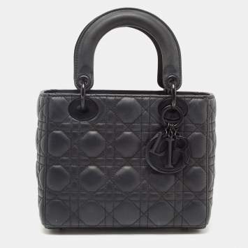 Pre Owned Dior Black Cannage Matte Leather Small Lady Dior Tote