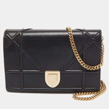 Pre Owned Dior Black Leather Diorama Wallet on Chain