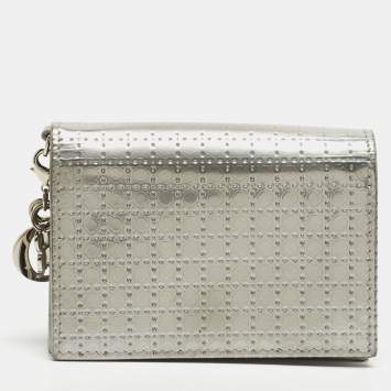 Pre Owned Dior Silver Micro Cannage Patent Leather Lady Dior Card Case
