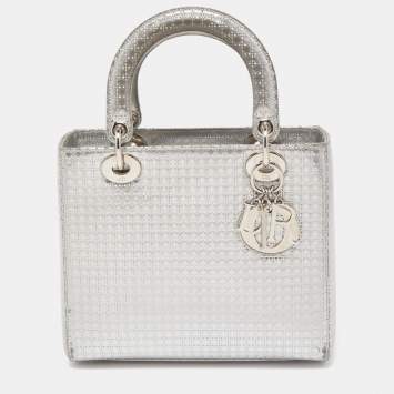 Pre Owned Dior Silver Micro Cannage Patent Leather Medium Lady Dior Tote