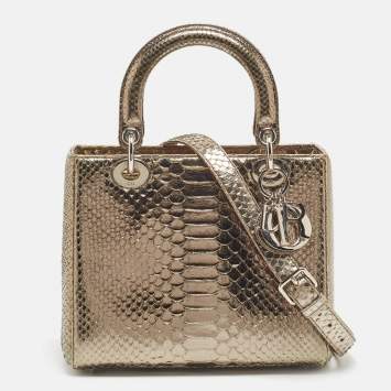 Pre Owned Dior Pale Gold Python Medium Lady Dior Tote