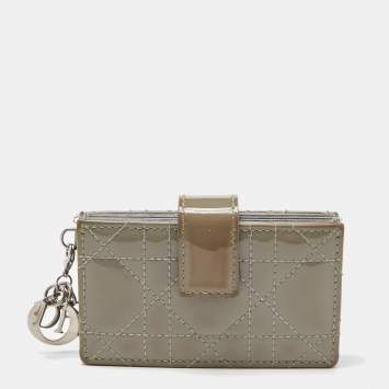 Pre Owned Dior Grey Cannage Patent Leather Lady Dior 5 Gusset Card Holder