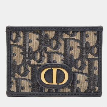 Pre Owned Dior Navy Blue Oblique Canvas and Leather Card Holder