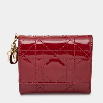 Pre Owned Dior Red Cannage Patent Leather Lady Dior Compact Wallet