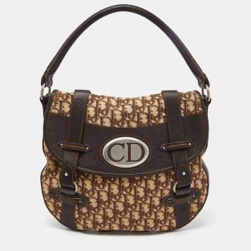 Pre Owned Dior Brown Oblique Canvas and Leather CD Logo Flap Hobo