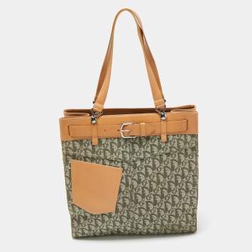 Pre Owned Dior Brown/Green Oblique Canvas Trotter Tote Bag