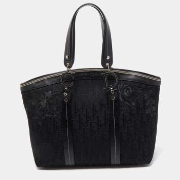Pre Owned Dior Black Diorissimo Canvas Embroidered Flowers Large Tote 