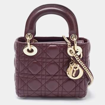 Pre Owned Dior Burgundy Cannage Leather Mini Lady Dior Tote