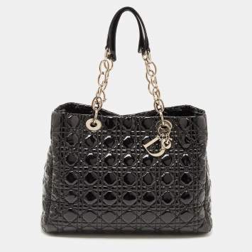 Pre Owned Dior Black Cannage Patent Leather Large Soft Lady Dior Shopper Tote