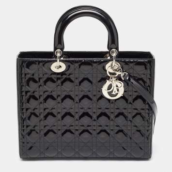 Pre Owned Dior Black Cannage Patent Leather Large Lady Dior Tote