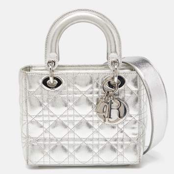 Pre Owned Dior Silver Cannage Leather Small Lady Dior My ABCDior Tote