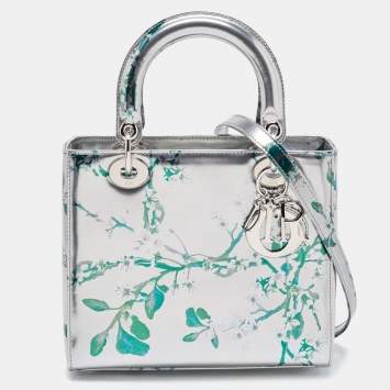 Pre Owned Dior Metallic Silver/Green Printed Leather Medium Lady Dior Tote