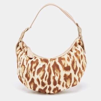 Pre Owned Dior Beige/Brown Leopard Printed Fabric and Leather Buckle Handle Hobo 