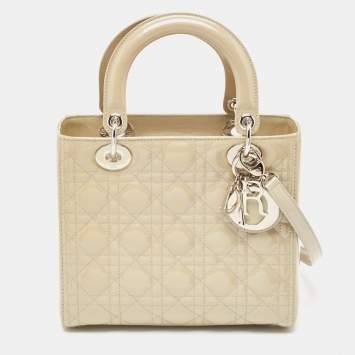 Pre Owned Dior Beige Cannage Patent Leather Medium Lady Dior Tote