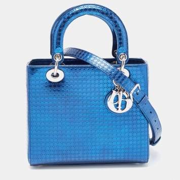 Pre Owned Dior Metallic Blue Microcannage Patent Leather Medium Lady Dior Tote