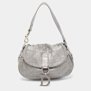 Pre Owned Dior Silver Quilted Cannage Leather Flap Shoulder Bag