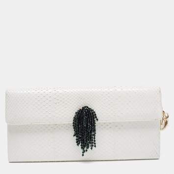 Pre Owned Dior White Snakeskin Leather Beaded Tassel Clutch