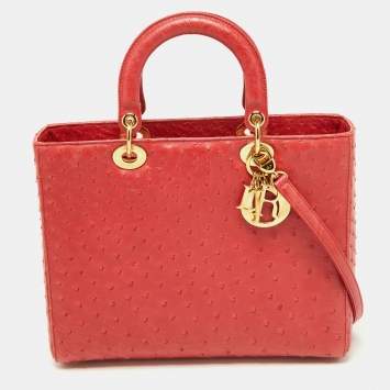 Pre Owned Dior Red Ostrich Large Lady Dior Tote