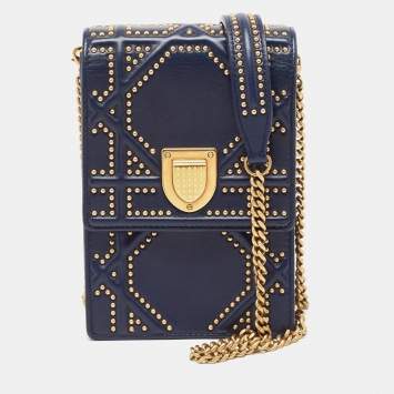 Pre Owned Dior Navy Blue Leather Studded Diorama Vertical Chain Clutch