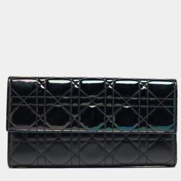 Pre Owned Dior Black Iridescent Cannage Patent and Leather Lady Dior Flap Wallet