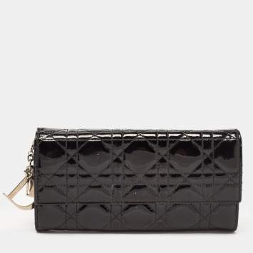 Pre Owned Dior Black Cannage Patent Leather Lady Dior Continental Wallet