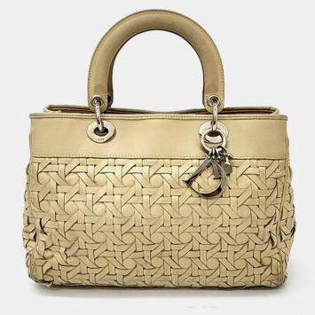 Pre Owned Christian Dior Beige Woven Leather Cannage Tote Bag
