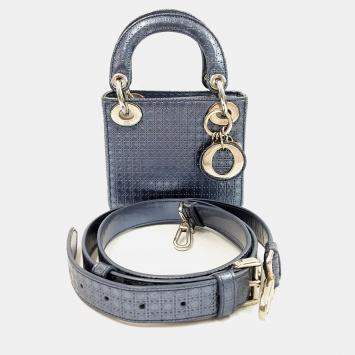 Pre Owned Christian Dior Grey Metallic Leather Micro Cannage Mini Lady Dior Bag