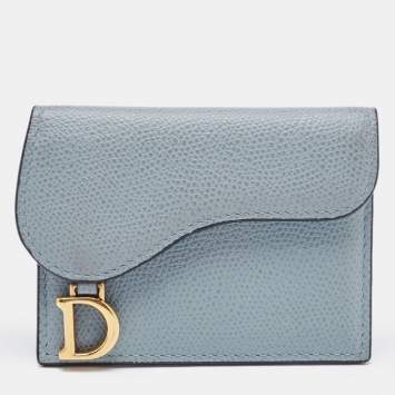 Pre Owned Dior Light Blue Leather Saddle Flap Card Case
