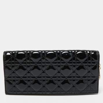 Pre Owned Dior Black Cannage Patent Leather Lady Dior Long Chain Clutch