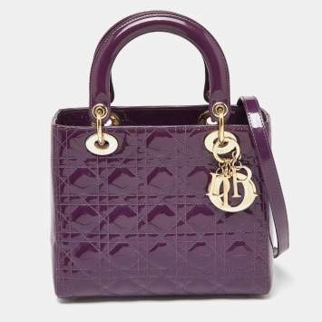 Pre Owned Dior Purple Cannage Patent Leather Medium Lady Dior Tote