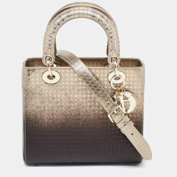 Pre Owned Dior Gold/Dark Brown Microcannage Patent Leather Medium Lady Dior Tote